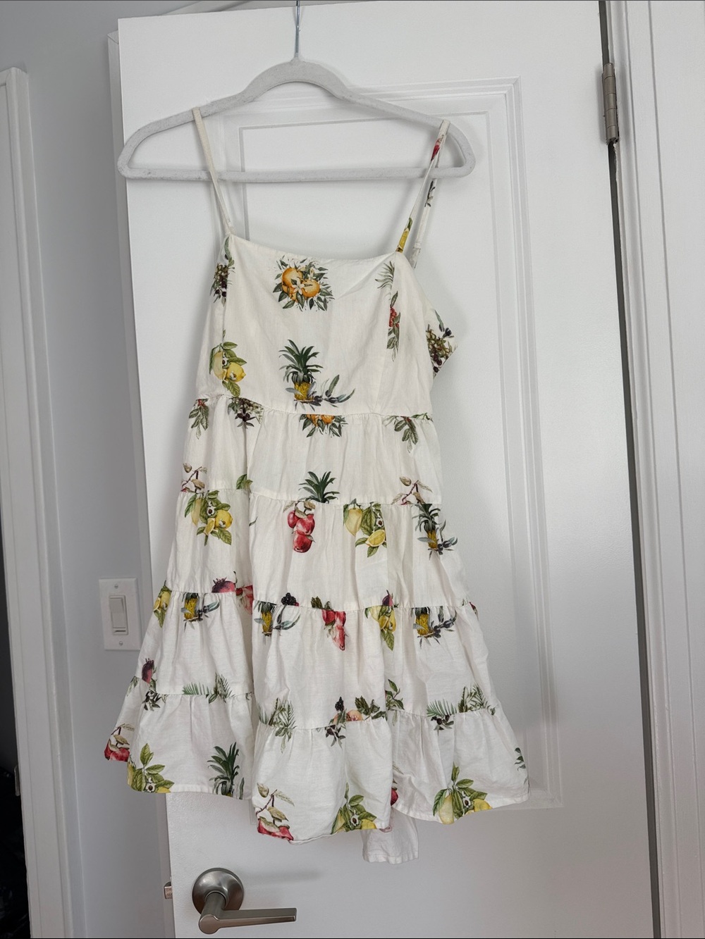 White Tropical Fruit Tiered Sundress with Adjustable Straps